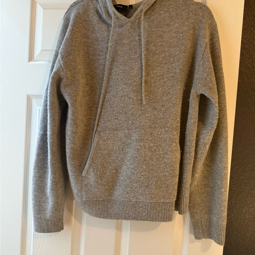 Theory Heather Gray Knit Hoodie Sweater Cashmere Wool Size Large